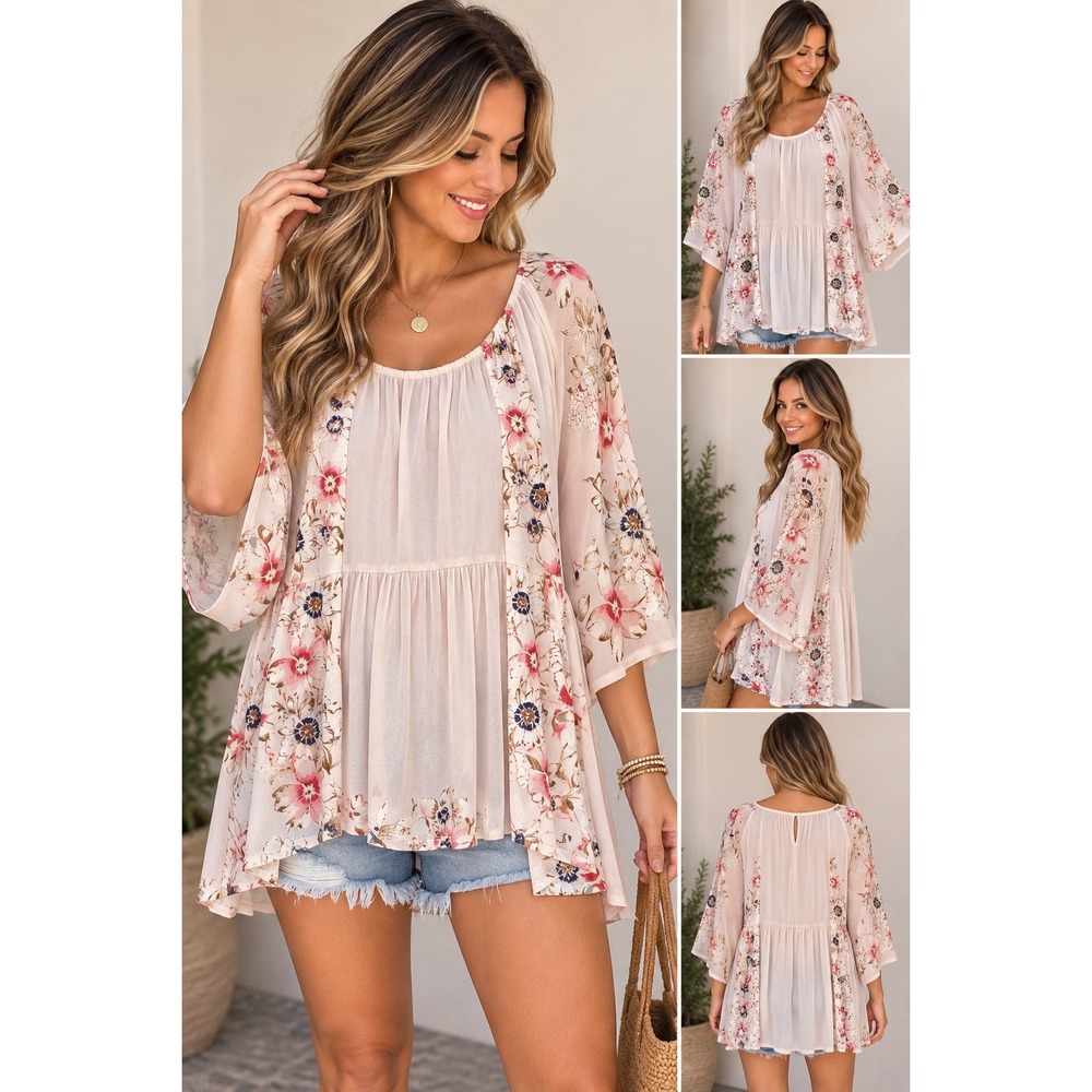 Anthropologie One September Pink Floral Butterfly Sleeve Tunic Top Medium